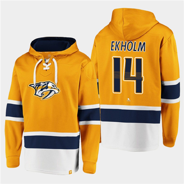 Men's Gold Nashville Predators #14 Mattias Ekholm Ageless Must-Have Lace-Up Pullover Hoodie